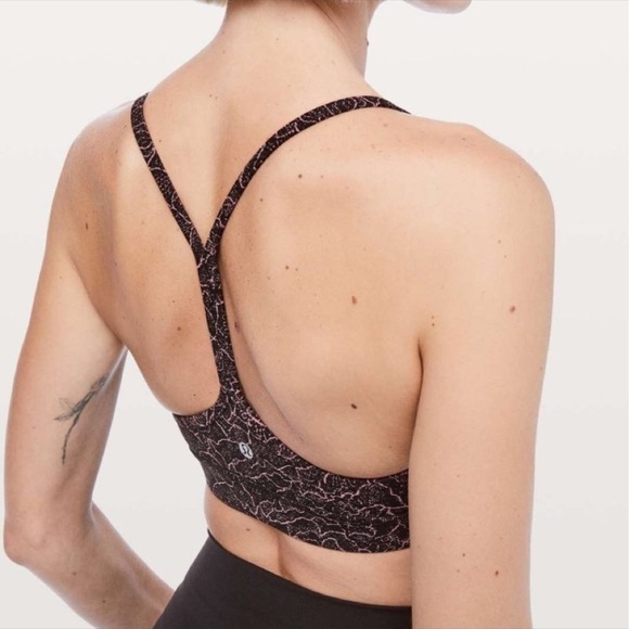 LULULEMON Flow Y Bra Nulu Spanish Rose Lacescape Pink Black Size 4 Soft Like New - Picture 3 of 12